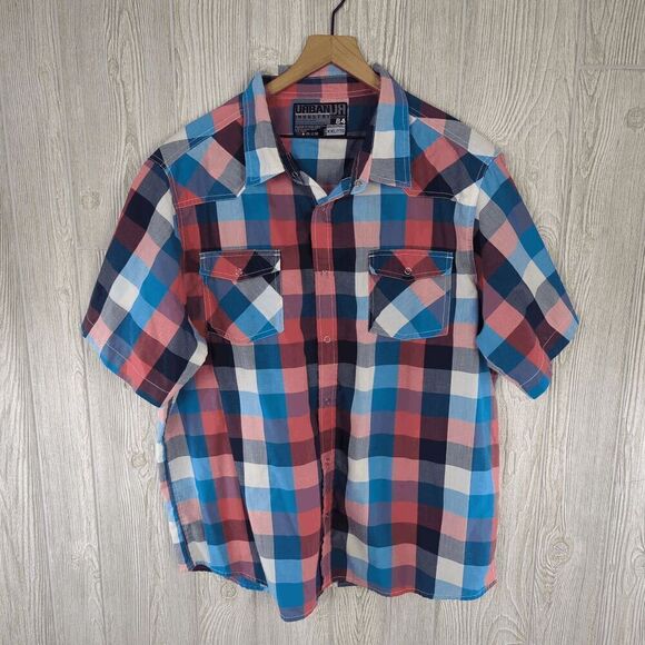 Urban Industry Men XXL Checkered Red Blue Short Sleeve Casual Button Down Shirt - Picture 1 of 8